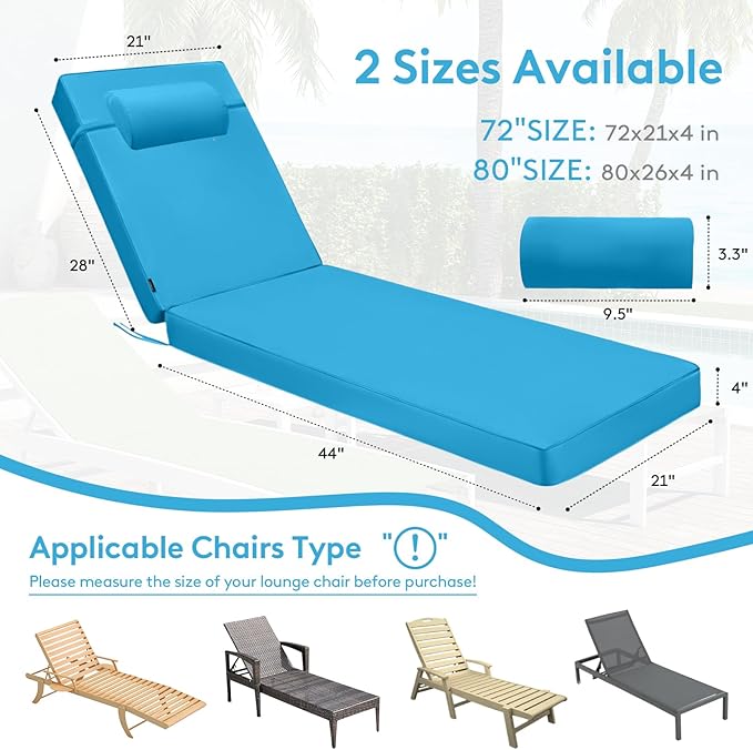 Chaise Lounge Cushion for Outdoor Furniture, Waterproof, Fade-Resistant and Tear Resistant, Patio Lounger Pads with Removable Cover for Pool, Deck, Lawn, 72x21x4 Inch, Teal