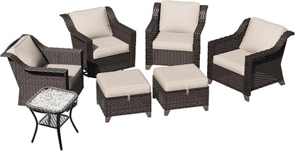 7 Piece Patio Furniture Set, Wicker Outdoor Conversation Set | Patio Chair Set with Olefin Removable Cushion, All-Weather Glider Swivel Chair Set with Deep Seat for Porch, Deck, Beige