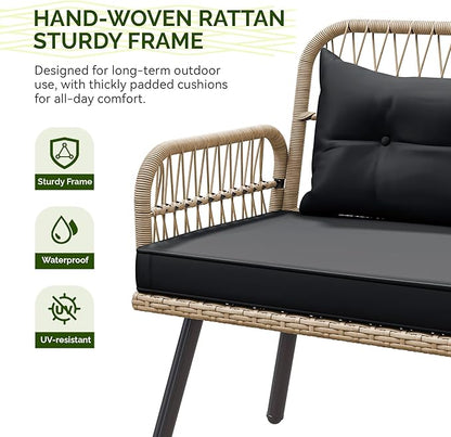 YITAHOME L-Shaped Patio Furniture Set, All-Weather Rattan Outdoor Conversation Sofa with Soft Cushions, Ottomans & Plastic Wood Dining Table for Backyard Deck, Light Brown + Black