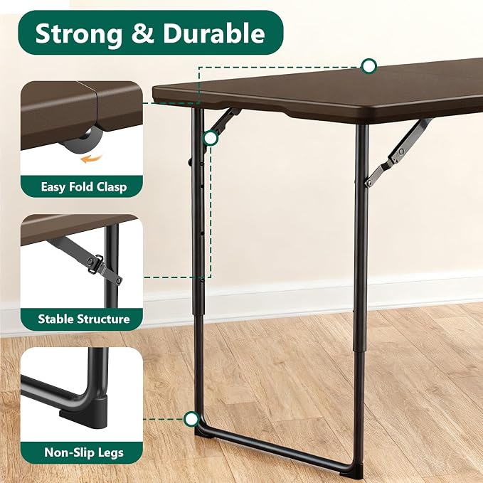 Folding Table, 4FT Foldable Picnic Table with Adjustable Height, Heavy Duty Fold-in-Half Portable Table for Weddings, Camping, RV Travel, Parties, BBQs, and Indoor Use, Easy to Fold and Store, Brown