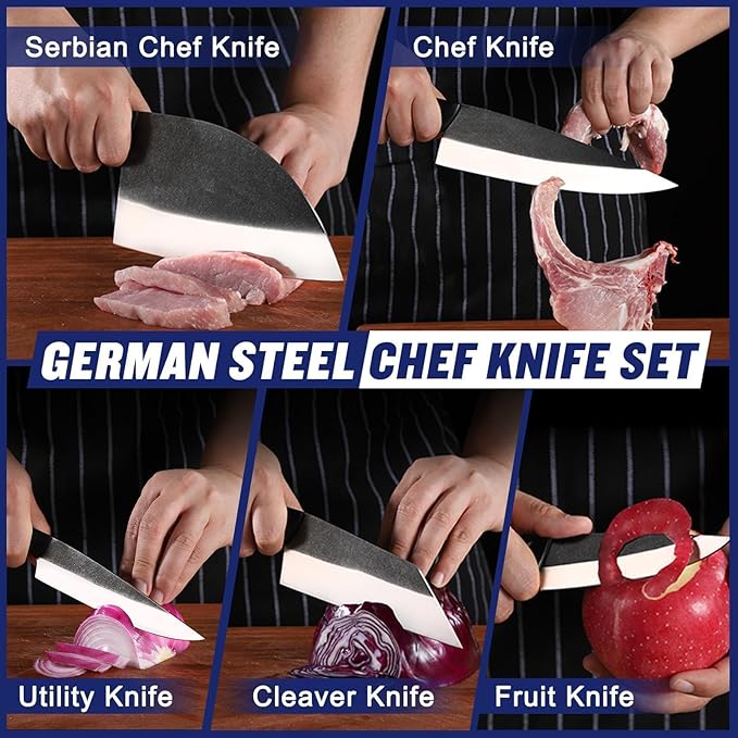 SSGP Butcher Knife Set of 5- Japanese Knife Set for Meat Cutting, Hand Forged Viking Knives Sets with Meat Cleaver, Heavy-Duty Kitchen Knives Sets for Bone BBQ Vegetable, Gifts for Men