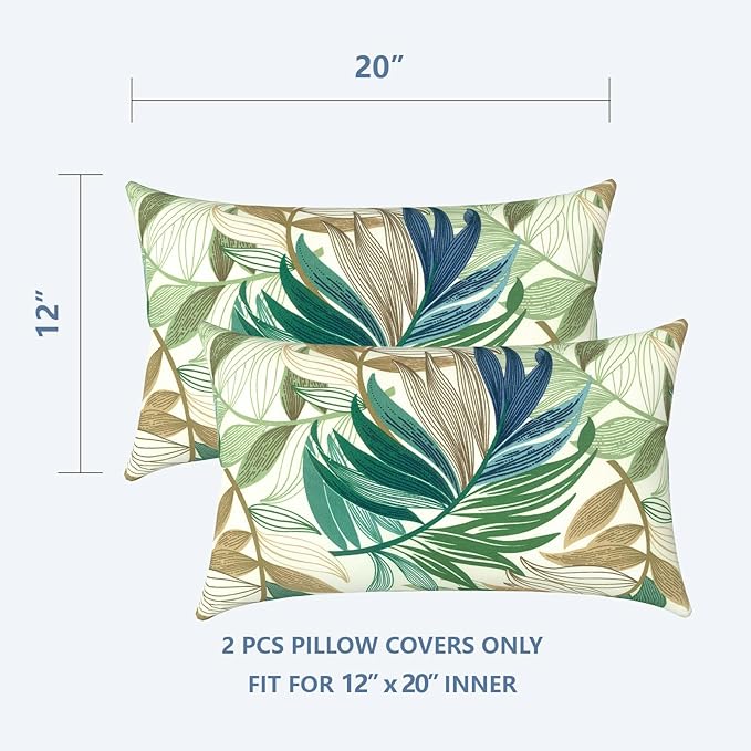 LVTXIII Outdoor Lumbar Pillow Covers Only Set of 2 Patio Decorative Pillow Cases, Water Repellent Lumbar Cushion Cases for Sofa, Patio Couch Garden Use, 12x20 Inch, Lush Leaf Green