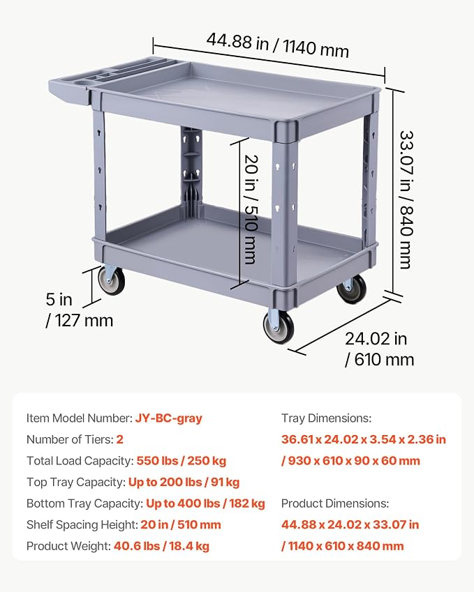 VEVOR Utility Cart, 550 lbs Capacity, 2 Tier Service Cart with 360° Swivel & Fixed Wheels (2 with Brakes), Heavy Duty Plastic Rolling with Storage Tray, Tool Storage for Garage Warehouse Workshop Gray