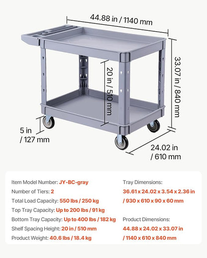 VEVOR Utility Cart, 550 lbs Capacity, 2 Tier Service Cart with 360° Swivel & Fixed Wheels (2 with Brakes), Heavy Duty Plastic Rolling with Storage Tray, Tool Storage for Garage Warehouse Workshop Gray
