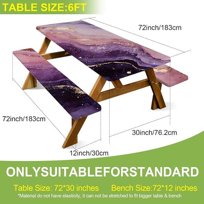 FOREVER QUEEN Picnic Table Cover with Bench Covers 72in,Waterproof Windproof Fitted Tablecloth, Purple Pink Marble with Gold Veins Camping Essentials with Drawstring Bag for Patio,Park & Backyard