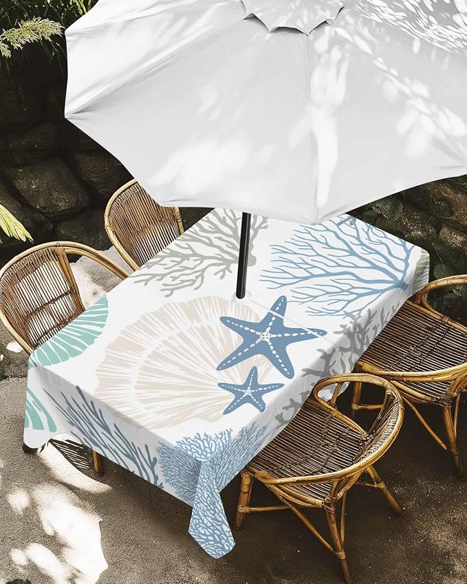 Coastal Outdoor Tablecloth - 60x84 Inch Rectangle Dining Table Cover, Blue Teal Coral Summer Beach Ocean Starfish Waterproof Outdoor Table Cloth with Umbrella Hole & Zipper for Picnic/Patio/Party