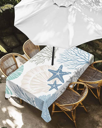 Coastal Outdoor Tablecloth - 60x84 Inch Rectangle Dining Table Cover, Blue Teal Coral Summer Beach Ocean Starfish Waterproof Outdoor Table Cloth with Umbrella Hole & Zipper for Picnic/Patio/Party