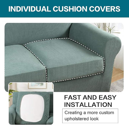 Turquoize 3 Piece Sofa Covers for 2 Cushion Couch Sofa Slipcover Soft Couch Cover for Dogs-Washable Sofa Furniture Covers with 2 Individual Cushion Covers, Jacquard Fabric (Loveseat, Dark Cyan)