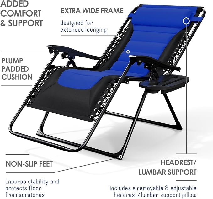 Nestl Padded Oversized Zero Gravity Chair, XL Folding Outdoor Lounge Chair | Adjustable Headrest, Cup Holder & Side Tray, Support 330 LBS, Anti Gravity Reclining, For Patio, Camping & Beach, Black/Blue