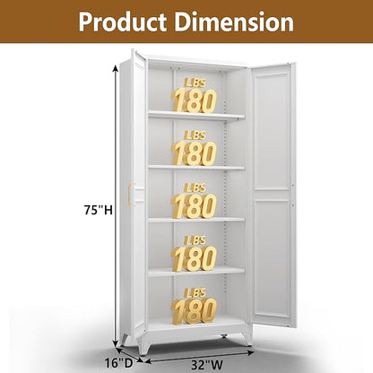 Polup Kitchen Pantry Cabinet, 75" H Metal Storage Cabinet with Doors and Shelves, 4 Standing Feet, Cupboard for Kitchen, Dining, Living Room, 16" D x 32" W x 75" H, White, Assembly Required