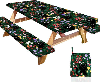 Picnic Table and Bench Cover Set, Waterproof Fitted Elastic Cloth | Portable Camping Essentials With Built-In Storage Pocket And Waterproof Fabric For Outdoor RV Or Picnic Table Use