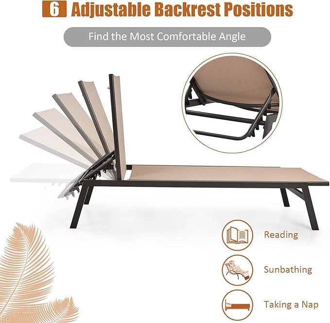 Tangkula Outdoor Chaise Lounge Chair Set of 2, 6-Position Adjustable Reclining Chair with Breathable Fabric and Heavy Duty Steel Frame, Patio Lounge Chair for Garden, Backyard and Poolside (2, Brown)