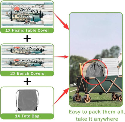 JAWO Camper RV Picnic Table Cover with Bench Covers, Camping Essentials Gear Supplies Outdoor Waterproof Windproof Tablecloth with Elastic, 30X96in
