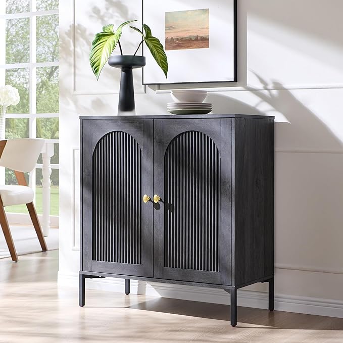 IFGET Modern Buffet Cabinet with Storage, 34" Tall Fluted Arched Sideboard Cabinet w/Adjustable Shelves, Wooden Modular Coffee Bar for Dining Room, Kitchen, Living Room, Entryway, Dark Grey