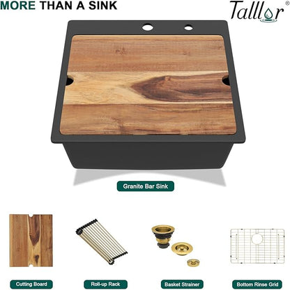 23 Inch Drop In Bar Sink, Matte Black Granite Composite Workstation Single Bowl Small Prep Wet Sink with All-In One Gold Accessories & Cutting Board for RV, Kitchen Bar, and Boat #TLGT-132