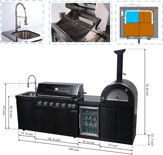 109" Outdoor Kitchen Island,Propane BBQ Grill with Pizza Oven,120000 BTU. | Stainless Steel Grill with Rotisserie,Refrigerator,Sink,Granite Countertop,Storage Cabinets Drawers.Sleek Black Finish