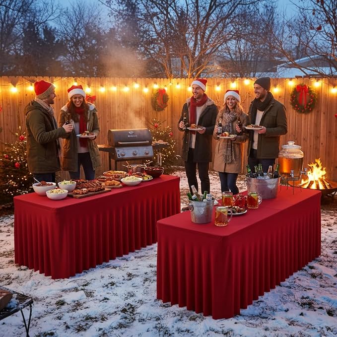 4 Pack Red Tablecloths Spandex Table Covers 8ft for Christmas Decor | Ruffle Design, Elastic Table Covers, Holiday Essentials, Table Cloths For 8 Foot Rectangle Table,Wrinkle Resistant