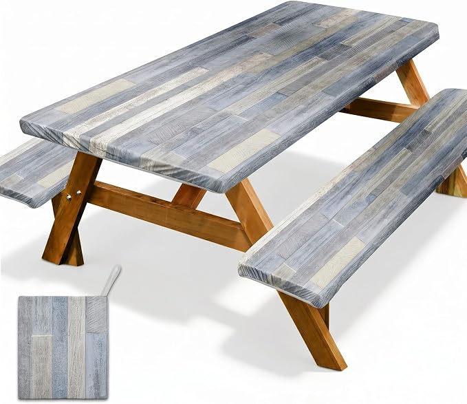 Picnic Table Cover with Bench Covers Windproof Waterproof Picnic Table Covers Camping Tablecloth with Self-Storage Bag, 72in, Grey