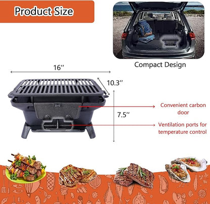 Cast Iron Hibachi Grill, Portable Charcoal Hibachi Grills with Double-Sided Grill Grate, 100% Cast Iron, Compact Camping Charcoal Cooker for Tailgating, Picnics & Hunting (Rectangle)