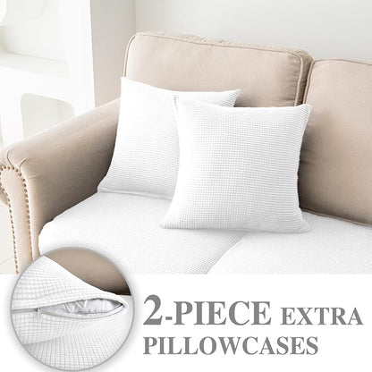LA MEACK Couch Cushion Covers for Sectional Sofa L Shape Washable Separate Seat Chaise Couch Cover Stretch Sofa Slipcovers with 2 Pcs Pillowcases(3 Seater + 1 Chaise, White)