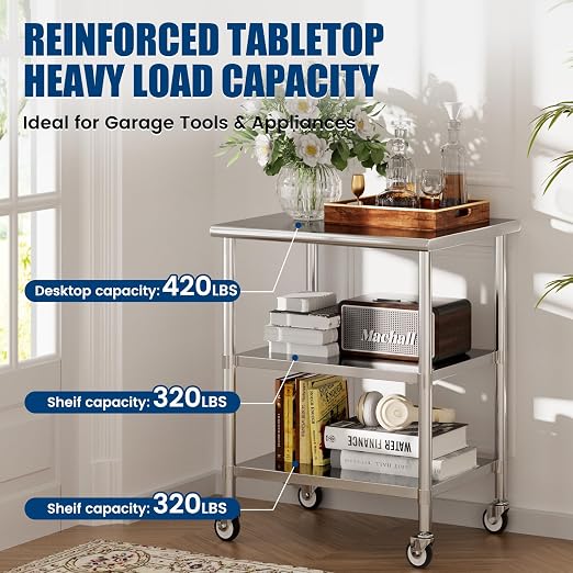 Stainless Steel Work Table with Wheels, 24x30 Inch NSF Kitchen Prep Table with 2 Adjustable Undershelves for Commercial Restaurant, Garage, Outdoor BBQ