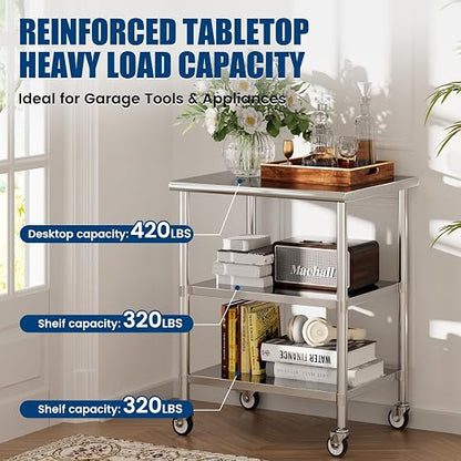 Stainless Steel Work Table with Wheels, 24x30 Inch NSF Kitchen Prep Table with 2 Adjustable Undershelves for Commercial Restaurant, Garage, Outdoor BBQ