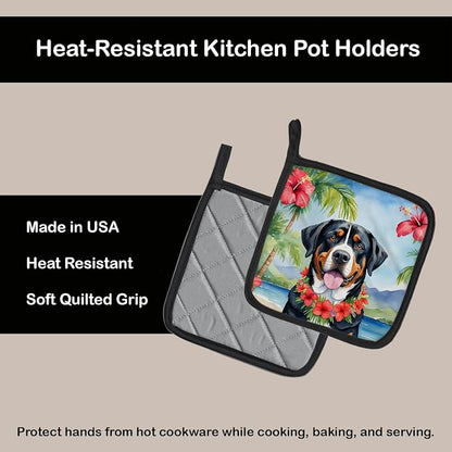 Caroline's Treasures Greater Swiss Mountain Dog Luau Pair of Pot Holders Kitchen Heat Resistant Pot Holders Sets Oven Hot Pads for Cooking Baking BBQ, 7 1/2 x 7 1/2