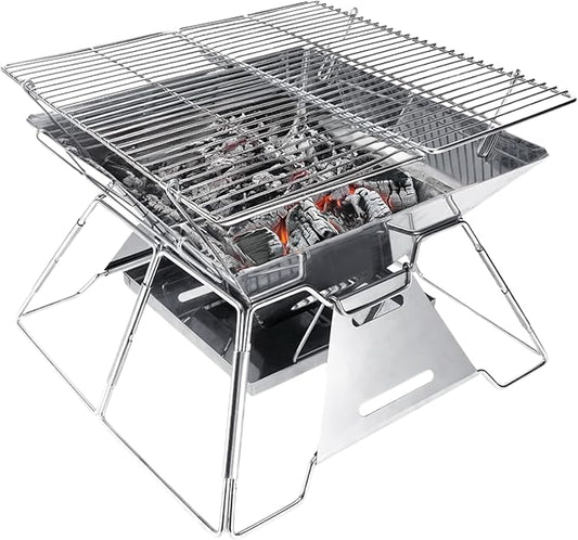 Brentwood Portable Stainless Steel Folding Charcoal BBQ Grill and Outdoor Fire Pit with Carry Bag (Medium)