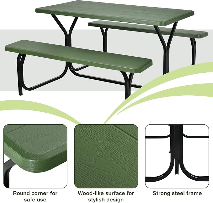 Picnic Table, Outdoor Dining Table with 2 Benches, Wood Grain Tabletop, Heavy Duty Metal Frame, Portable Picnic Table for Outdoors Backyard Garden Lawn Patio Poolside Deck (Green)