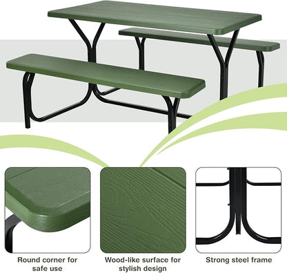 Picnic Table, Outdoor Dining Table with 2 Benches, Wood Grain Tabletop, Heavy Duty Metal Frame, Portable Picnic Table for Outdoors Backyard Garden Lawn Patio Poolside Deck (Green)