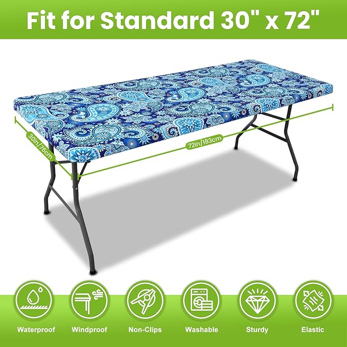 Smiry Spandex Fitted Tablecloth for 6 Foot Rectangle Tables, Washable Picnic Table Cover with Elastic, Stretch Reusable Table Cloth for Outdoor, Camping, Dining & Kitchen (Blue Paisley, 30"x72")