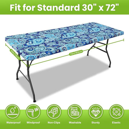 Smiry Spandex Fitted Tablecloth for 6 Foot Rectangle Tables, Washable Picnic Table Cover with Elastic, Stretch Reusable Table Cloth for Outdoor, Camping, Dining & Kitchen (Blue Paisley, 30"x72")
