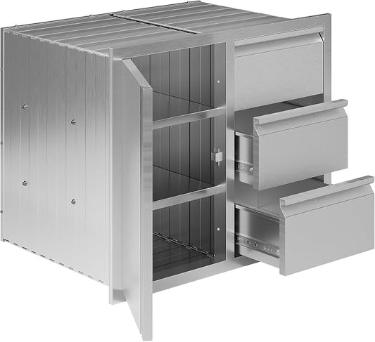 Jocisland 28-Inch Stainless Steel Outdoor Kitchen Drawer Cabinet | 28 W x 20 D x 23 H In, 3-Tier Cabinet and 3-Drawer Combo, Built-In BBQ Island Storage