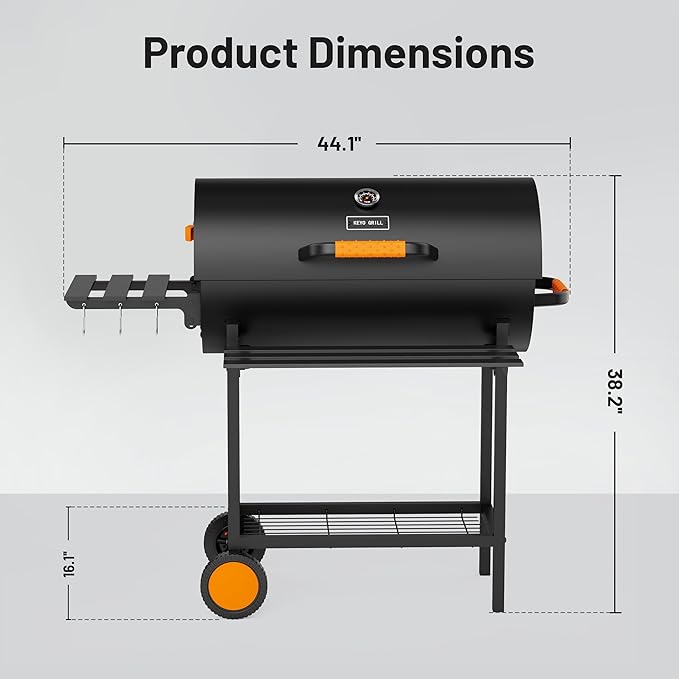 KEYO GRILL 29-Inch Barrel Charcoal Grill, Adjustable Vent Heavy-Duty Outdoor Barbecue Grill with Height Adjustable Charcoal Pan,Warming Rack Outdoor BBQ Grill for Backyard, Patio and Parties, Black