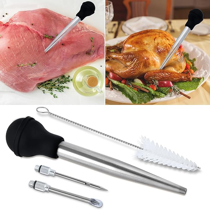 Turkey Baster Set w/Timer and Lacer – Stainless Steel Turkey Baster with Silicone Bulb, 2xPump Flavor Injectors, Silicone Brush, Pop-Up Timer, Turkey Lacer and Cleaning Brush, A Must For Thanksgiving
