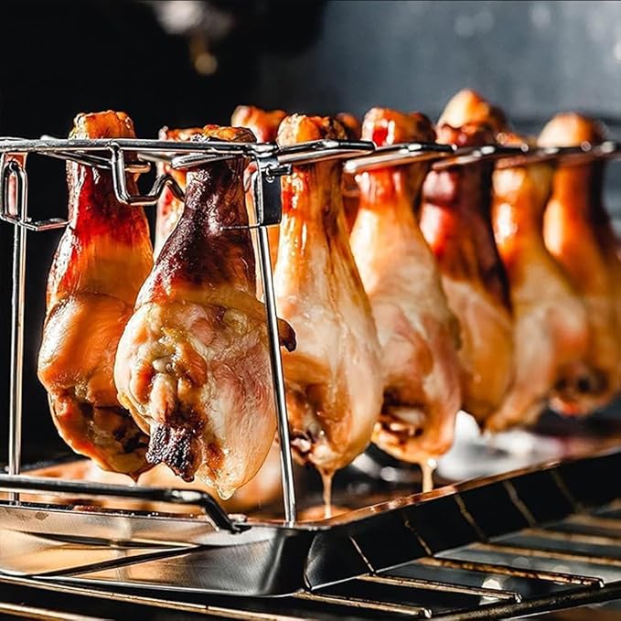 Triceratops Chicken Leg and Wing Rack with Drip Pan, 14 Slots BBQ Chicken Drumsticks Holder Stainless Steel Roaster Stand for Smoker Grill, Oven, Charcoal Grill