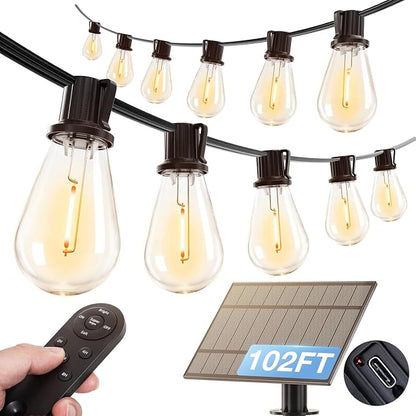addlon 102FT(96+6) Solar String Lights Outdoor, with 52 Dimmable LED Bulbs | Waterproof, Shatterproof, Spaced 2FT, USB Charging, Remote, Last 20+ Hrs, Easy Install for Garden Backyard Pergola Party