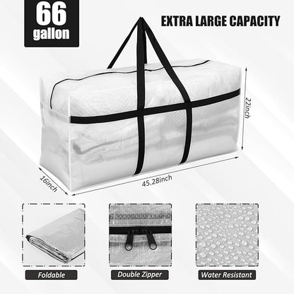 4 Pcs 66 Gallon Extra Large Moving Bags Heavy Duty Storage Bag with Strong Zipper Handle Foldable XXL Jumbo Storage Tote Packing Moving Box for College Dorm Travel Cloth Duffle (Clear)