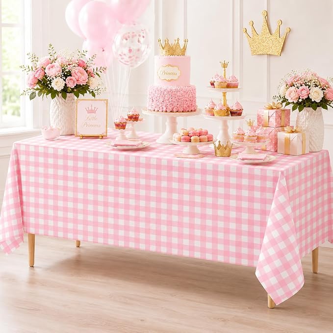 3Pcs Pink Gingham Tablecloths, Checkered Party Table Covers 54x108 In | Pink and White Checkered Tablecloths Disposable Waterproof for Baby & Bridal Shower Picnic Camping Girls Birthday Party