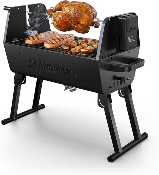 BRANDMAN GRILLS SINCE 1987 2 in 1 Portable Charcoal BBQ Rotisserie Grill with Motorized Kit 21 Inch Folding BBQ Grill 3 Level Height Lightweight for Backyard Outdoor Camping