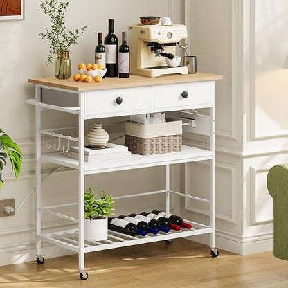 HOOBRO Kitchen Island with Storage, Rolling Island Cart for Kitchen with 2 Drawers & Outlet, 3 Tier Coffee Station and Microwave Stand, Kitchen Island Table for Home, Natural and White WN08UZD01