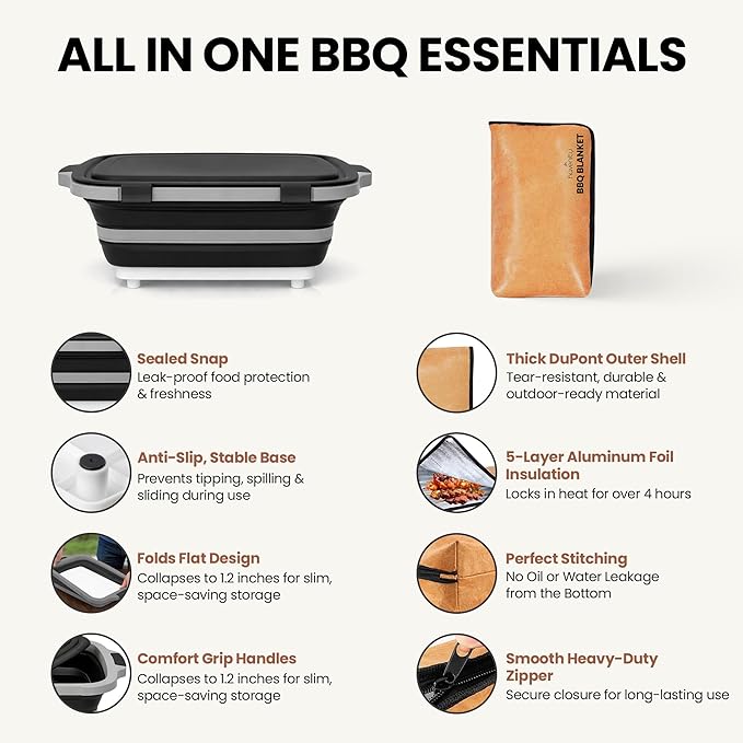 BBQ Prep Tub with BBQ Blanket, 16L Multifunctional Camping Cutting Board with lid, Collapsible Dish Basin for Meal Prep Marinating Food, Grilling & Outdoor Cooking Food Storage Container XL