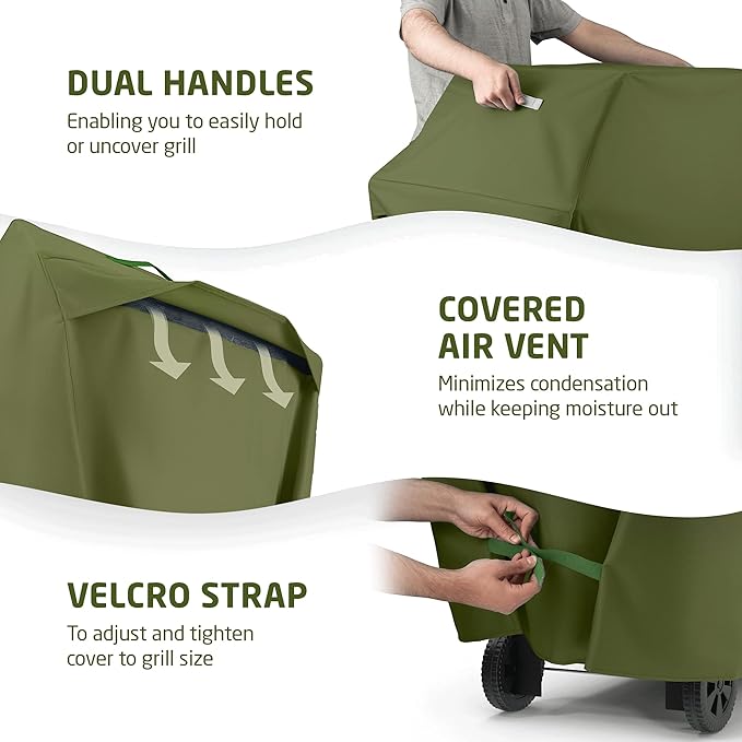 ZOBER Heavy Duty BBQ Grill Cover - 58 Inch Waterproof Double Layered Fits Weber Gas Grill Cover Charbroil Grill & Smoker - Gas Grill Covers w/Air Vents, Dual Handles - 600D Oxford Fabric, Olive
