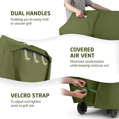 ZOBER Heavy Duty BBQ Grill Cover - 58 Inch Waterproof Double Layered Fits Weber Gas Grill Cover Charbroil Grill & Smoker - Gas Grill Covers w/Air Vents, Dual Handles - 600D Oxford Fabric, Olive