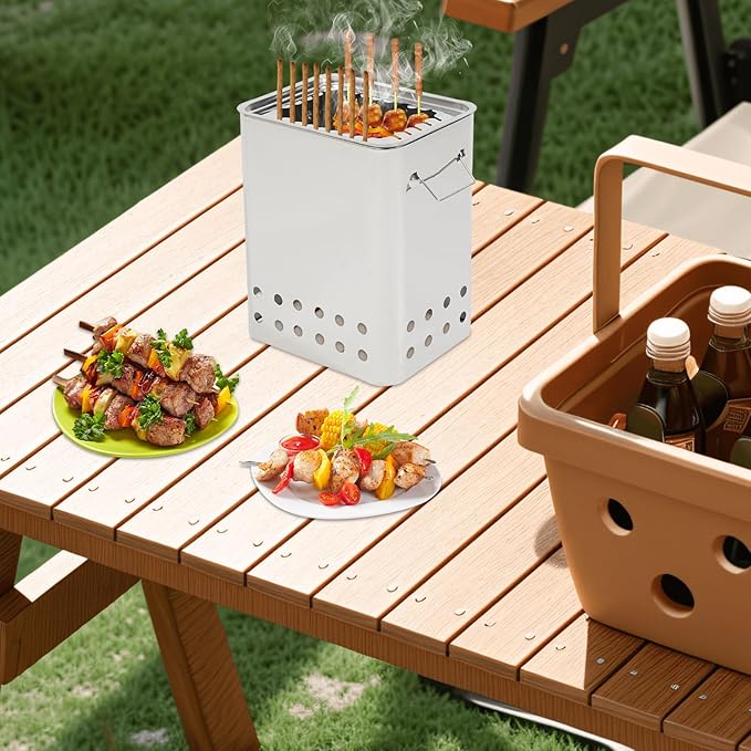 Smokeless Square Barbecue Hanging Grill with 26 Skewers, Portable Vertical Charcoal Grill for Travel Camping