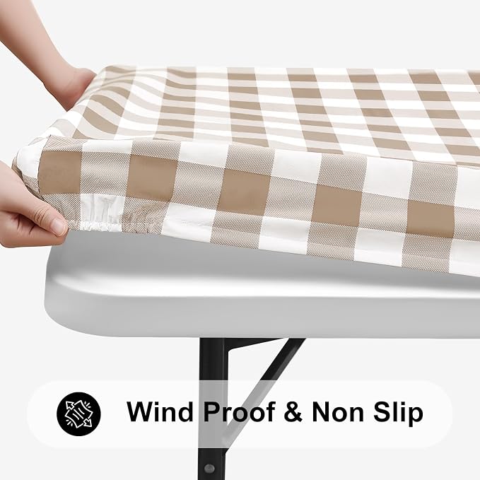 Smiry Square Picnic Table Cloth, Elastic Waterproof Fitted Vinyl Tablecloths, Flannel Backed Buffalo Plaid Table Covers for Dining, Camping, Outdoor (White and Khaki, 36" x 36")
