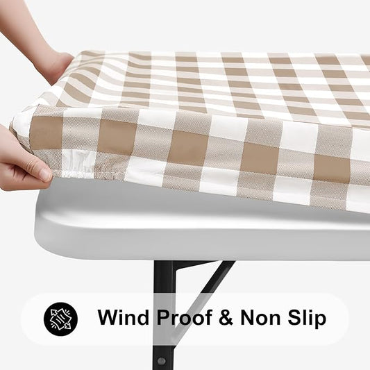 Smiry Square Picnic Table Cloth, Elastic Waterproof Fitted Vinyl Tablecloths, Flannel Backed Buffalo Plaid Table Covers for Dining, Camping, Outdoor (White and Khaki, 36" x 36")