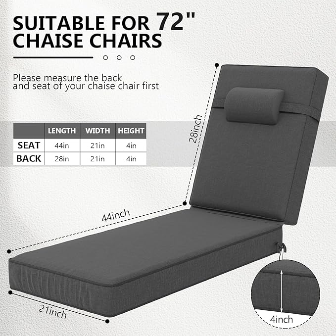 72 x 21 x 4 Inch Olefin Chaise Lounge Cushions, Lounge Chair Cushions with Headrest for Outdoor Furniture - Weather and Fade Resistant Patio Replacement Furniture Lounge Chair Cushion