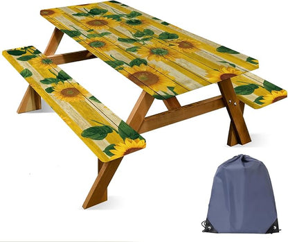 FOREVER QUEEN Picnic Table Cover with Bench Covers – Waterproof Elastic Fitted Tablecloth for 6 Foot Rectangle Tables, 3PCS Set with Drawstring Bag for Camping RV Outdoor Travel (Spring Sunflowers)