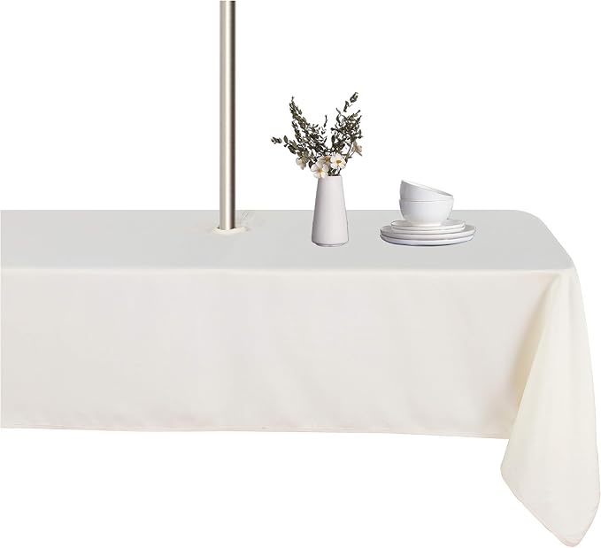 LUSHVIDA Rectangle Outdoor Tablecloth with Umbrella Hole and Zipper, 60x120 Inch Beige, Washable Waterproof Table Cloth Spill Proof Wrinkle Free Table Cover for Patio Spring Summer Picnic BBQS